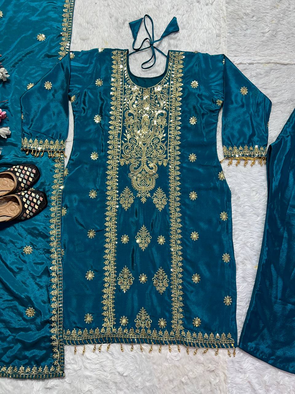 Teal Dream Meets Royal Gold Embroidery Suit Set