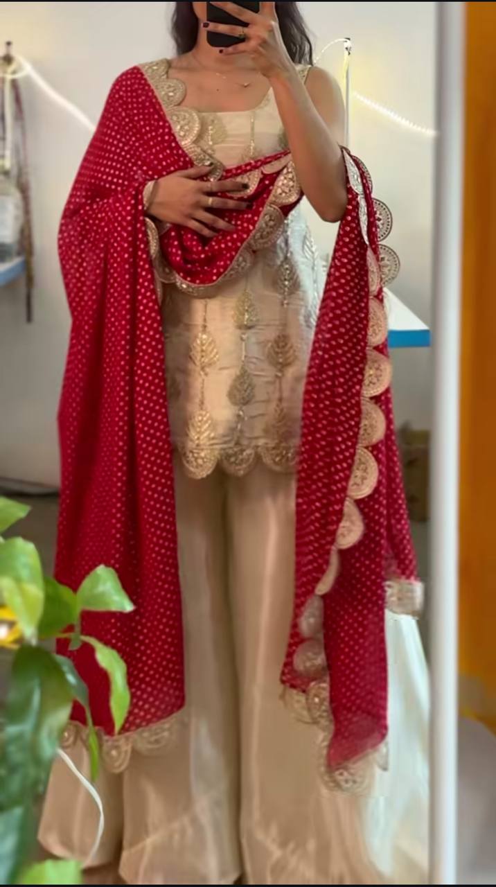 Heavy Tedy Crush And Embroidery 3 piece Sharara Suit Set