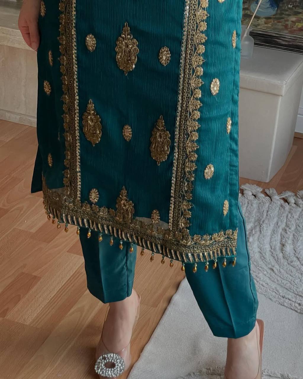 Teal Dream Meets Royal Gold Embroidery Suit Set