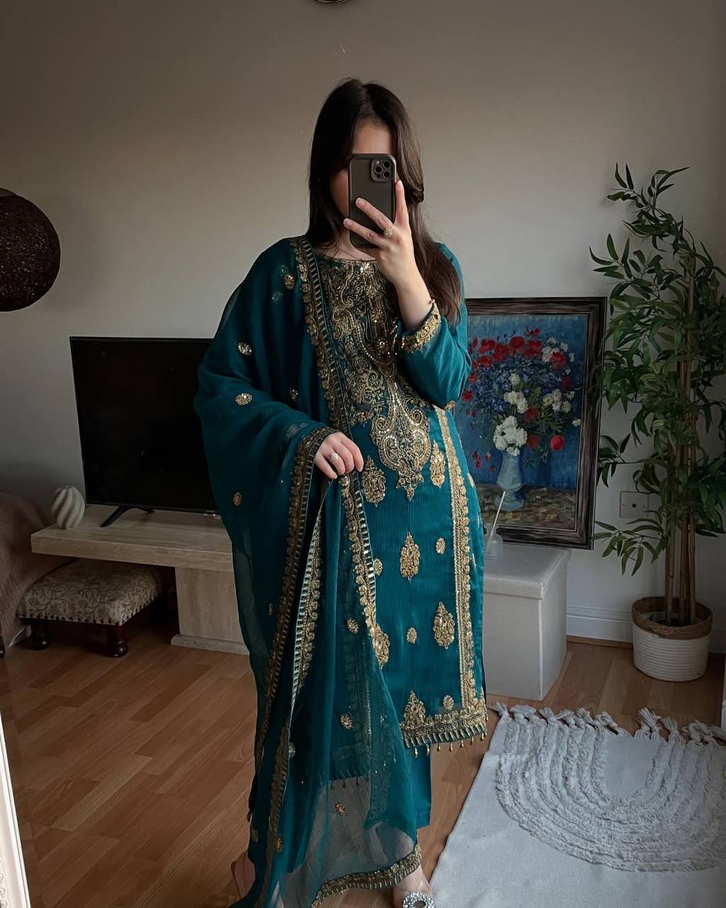Teal Dream Meets Royal Gold Embroidery Suit Set
