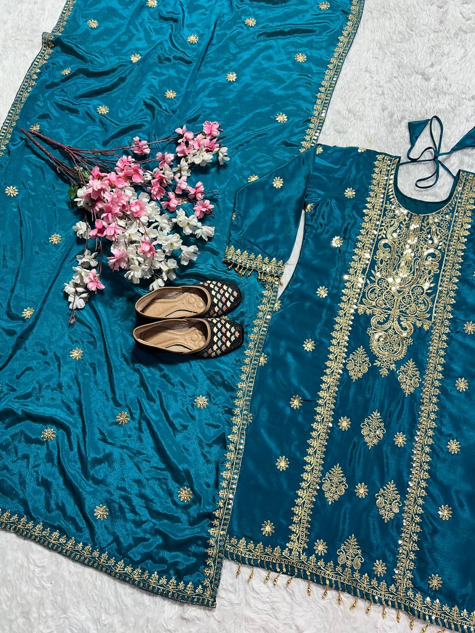 Teal Dream Meets Royal Gold Embroidery Suit Set