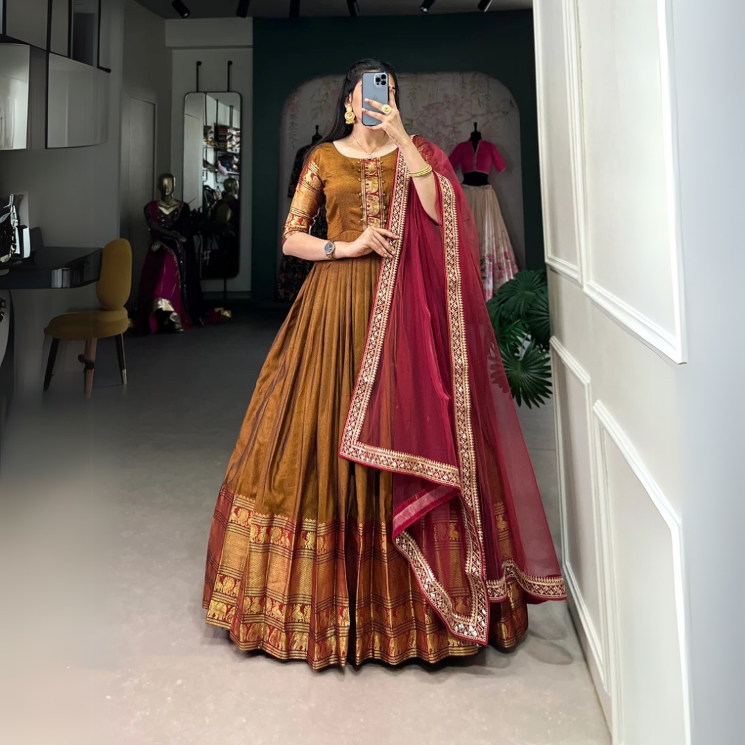 Cotton narayan pet with zari weaving work long gown