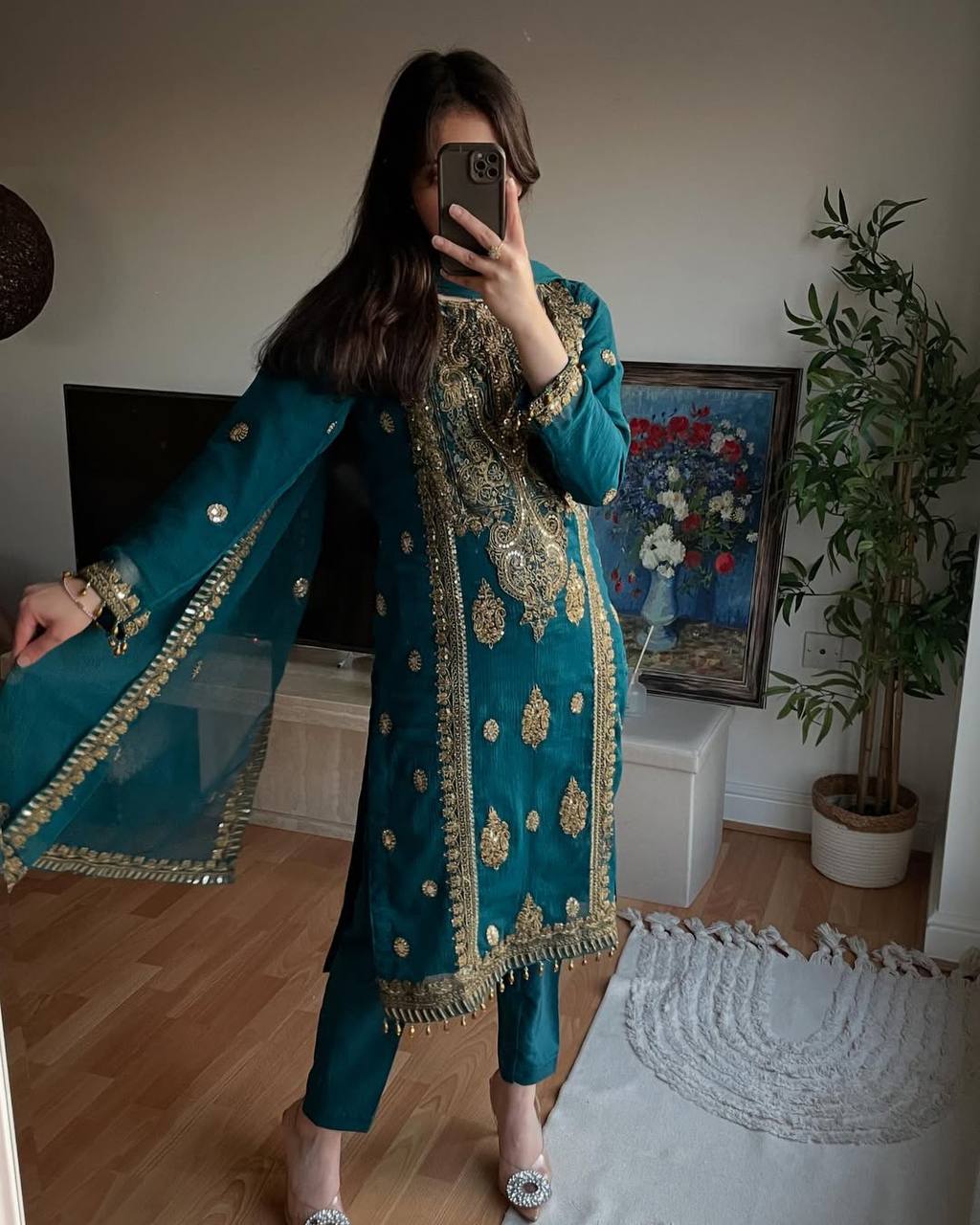 Teal Dream Meets Royal Gold Embroidery Suit Set