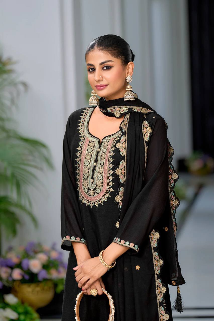 Black Embroderied Full Work gharara Suit Set(Free size)