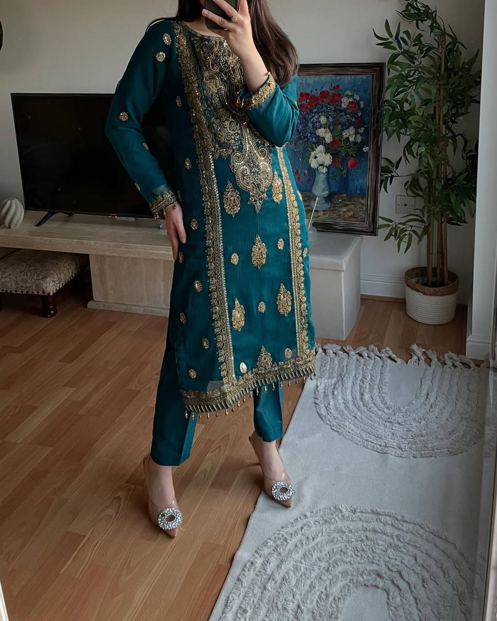 Teal Dream Meets Royal Gold Embroidery Suit Set