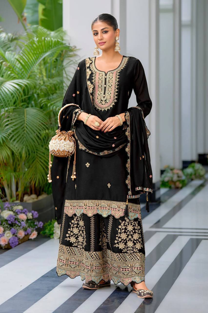 Black Embroderied Full Work gharara Suit Set(Free size)