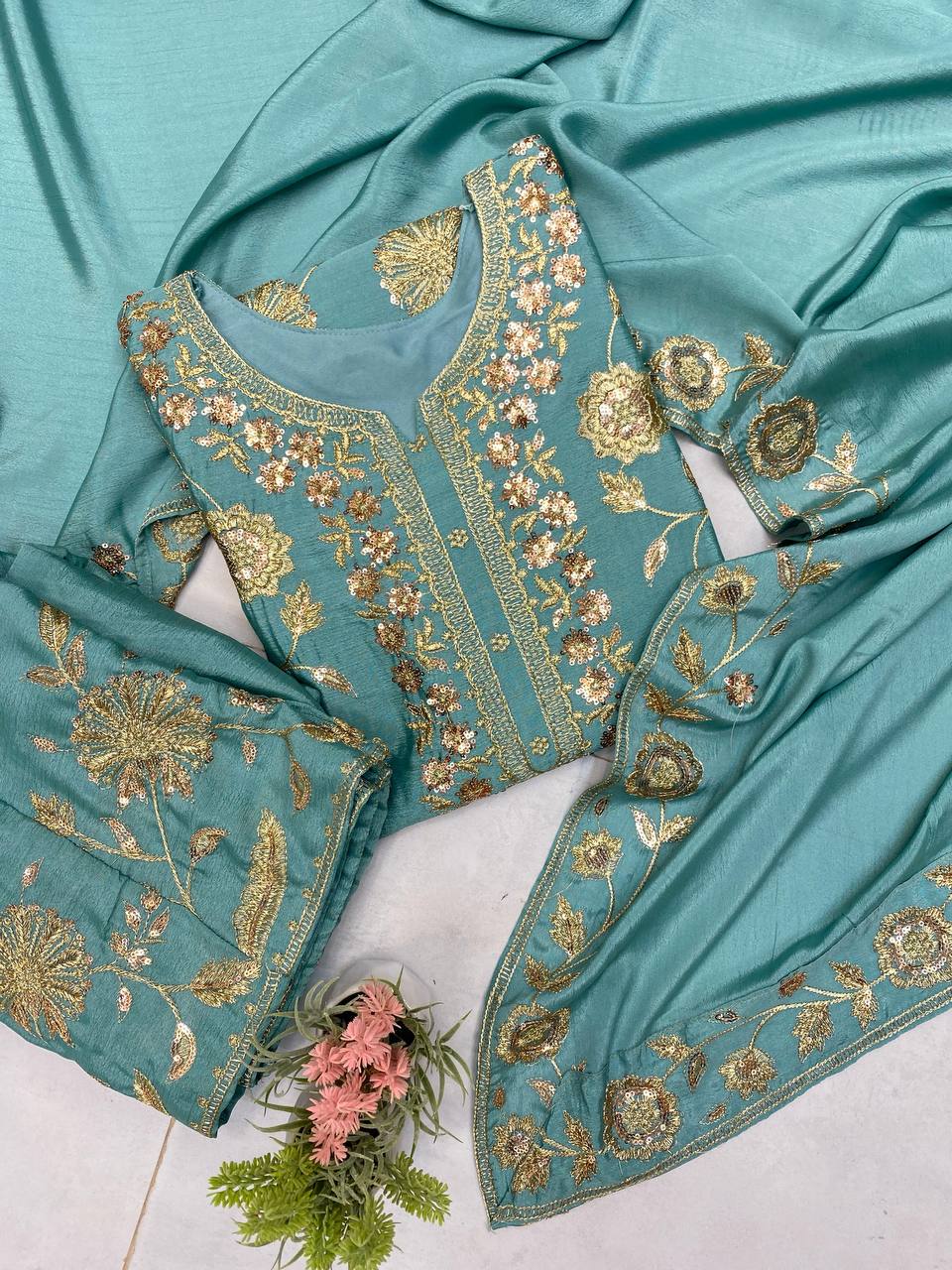 Sophisticated Silk Satin Kurta Plazzo Dupatta Set