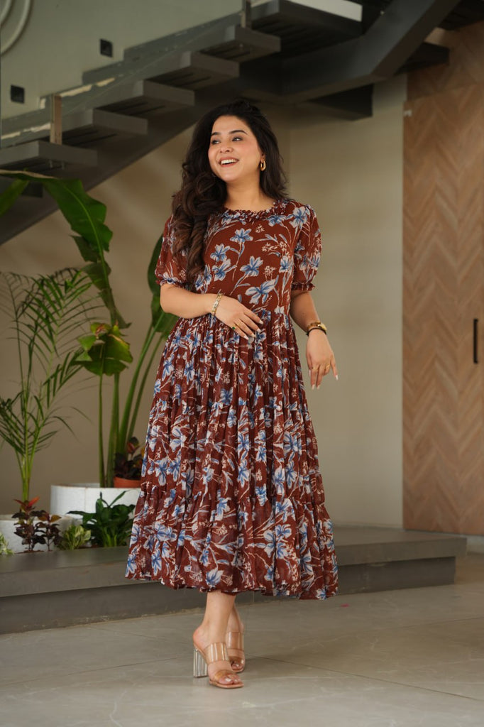 Brown Elegant Printed Faux Georgette Gown