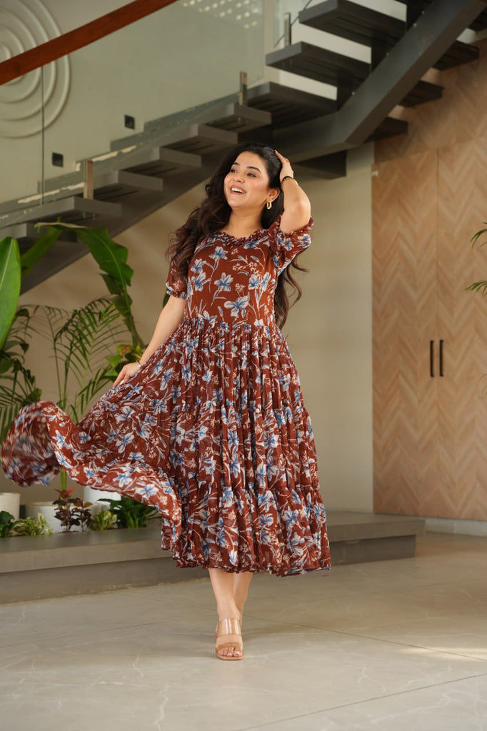 Brown Elegant Printed Faux Georgette Gown