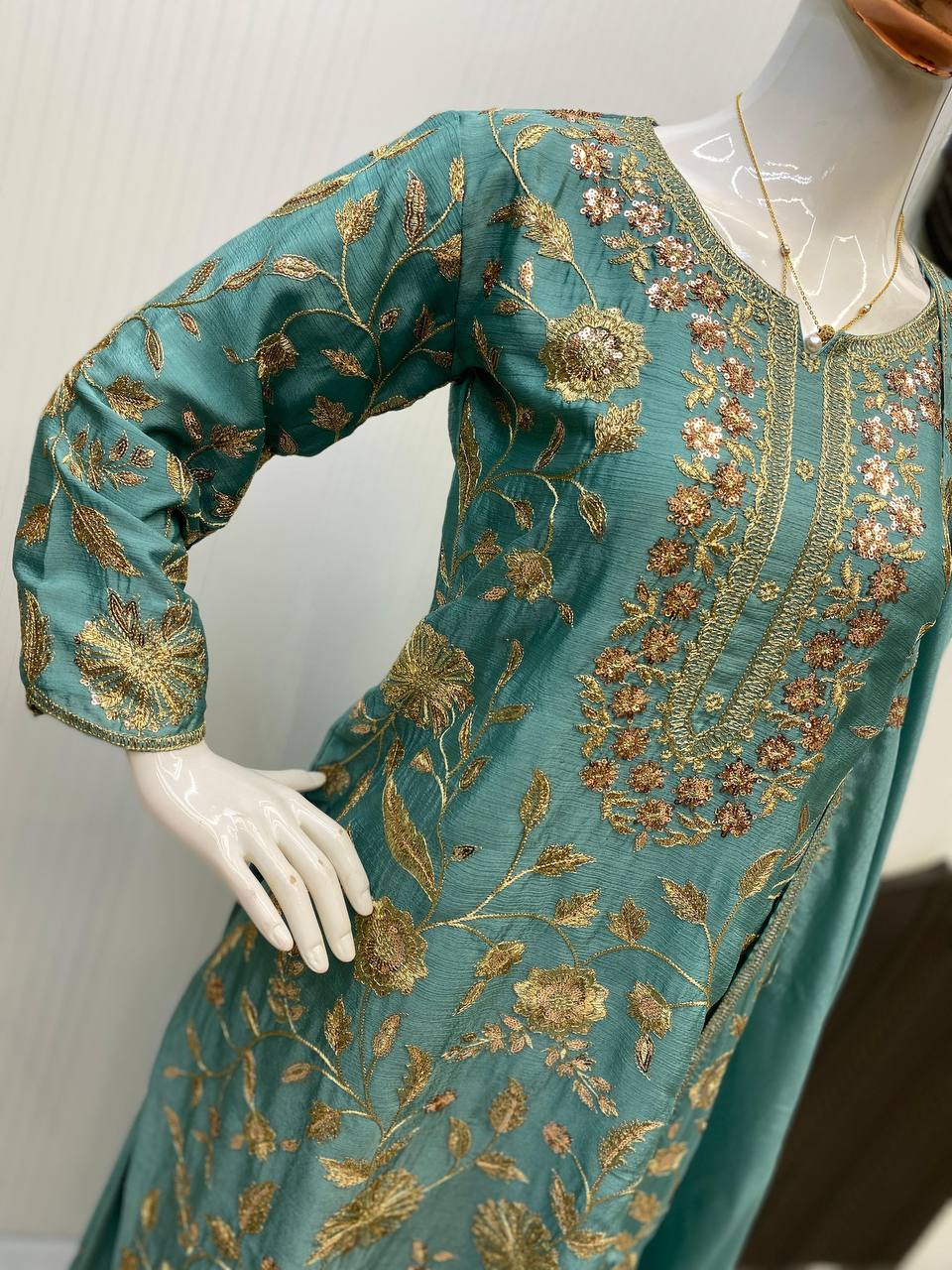 Sophisticated Silk Satin Kurta Plazzo Dupatta Set