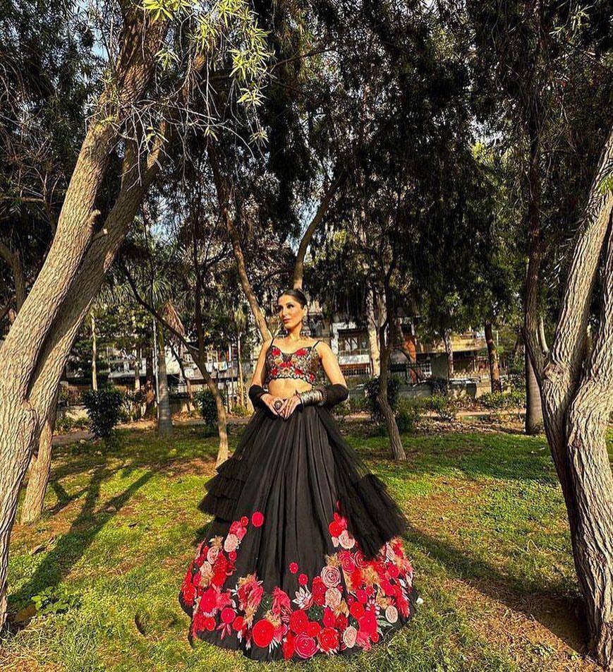 EEIRE BLACK LEHENGA WITH FLOWER EMBROIDERY