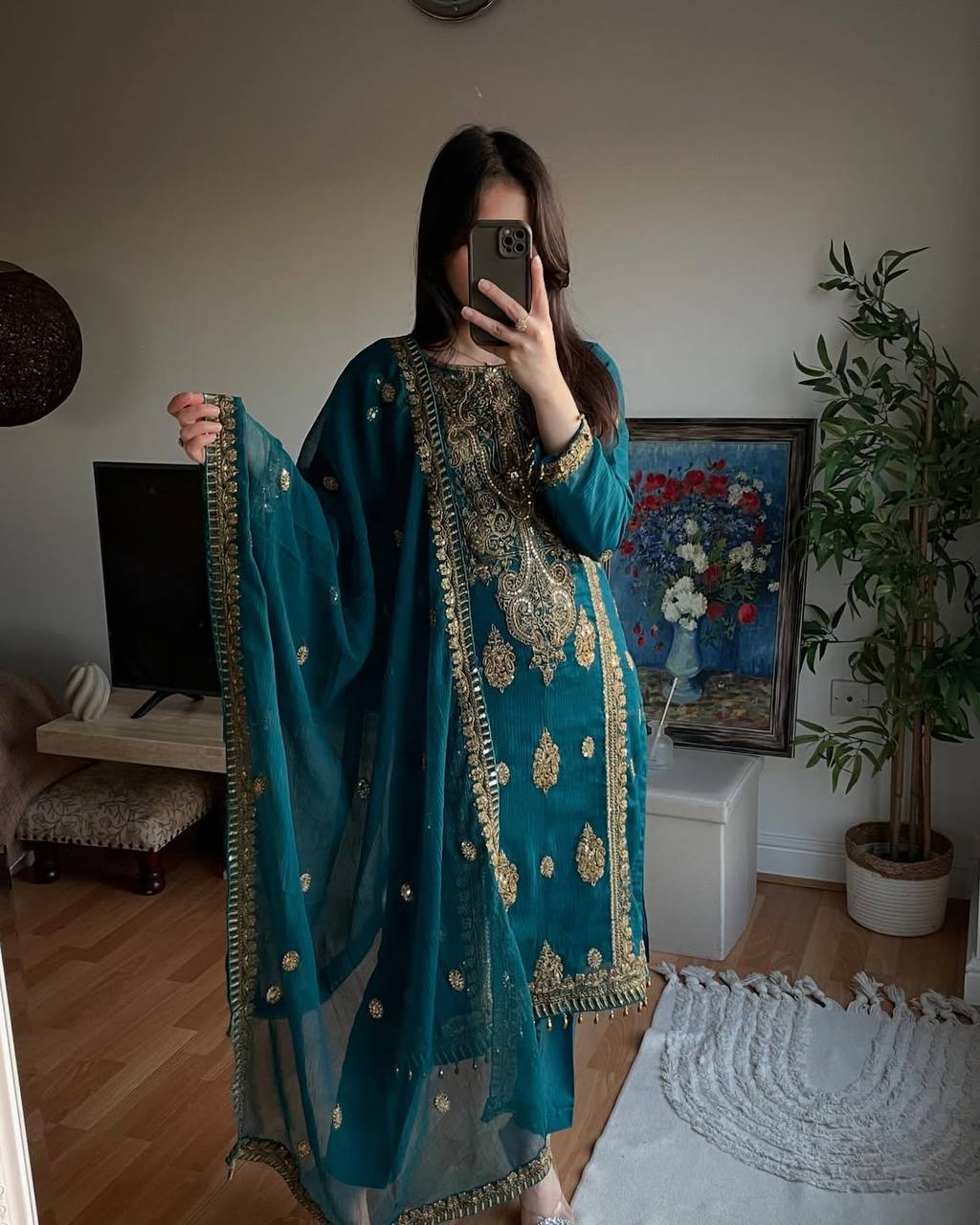 Teal Dream Meets Royal Gold Embroidery Suit Set