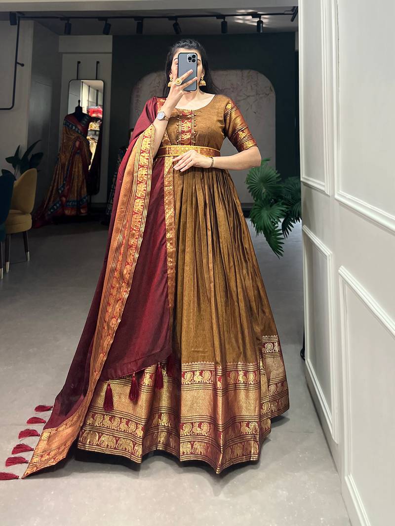Cotton narayan pet with zari weaving work long gown