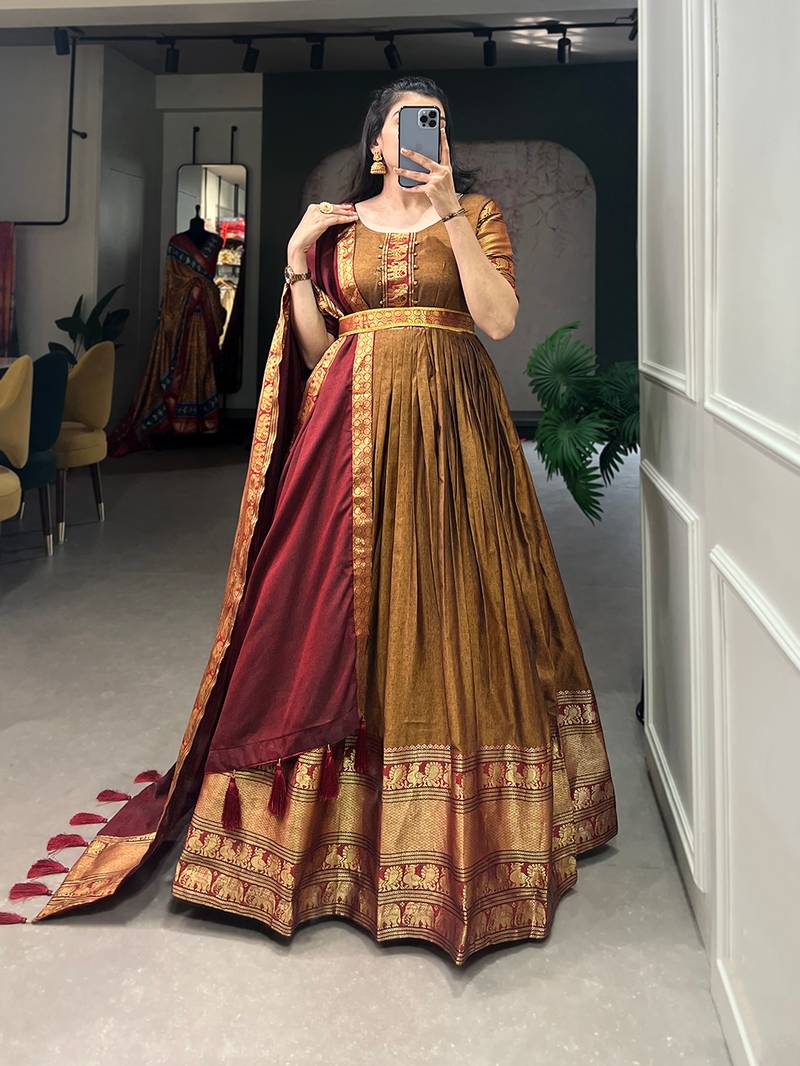 Cotton narayan pet with zari weaving work long gown
