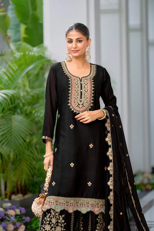 Black Embroderied Full Work gharara Suit Set(Free size)
