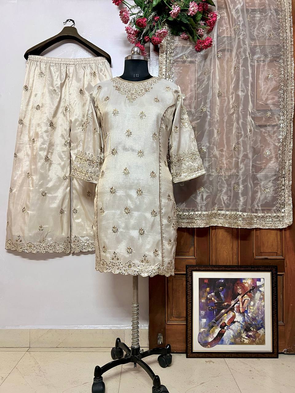 Elegant Gold Simar Silk Kurti & Plazzo Set with Organza Silk Dupatta