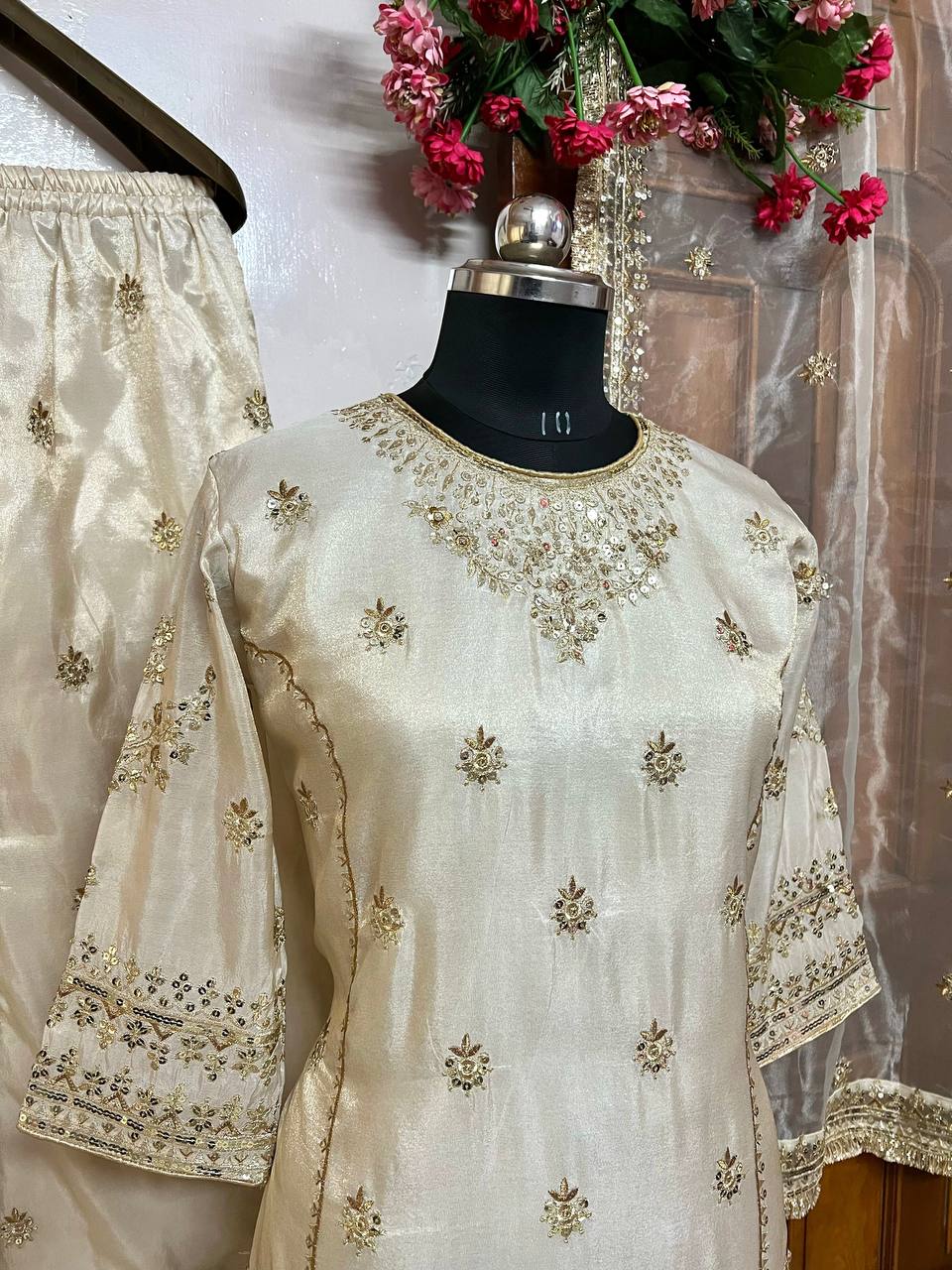 Elegant Gold Simar Silk Kurti & Plazzo Set with Organza Silk Dupatta