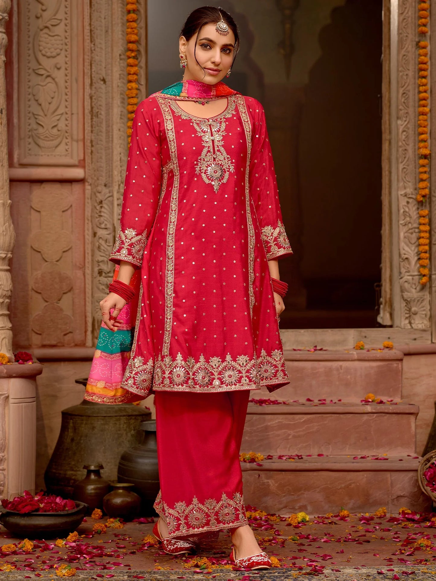 A-Line Kurta Palazzos With Dupatta Set