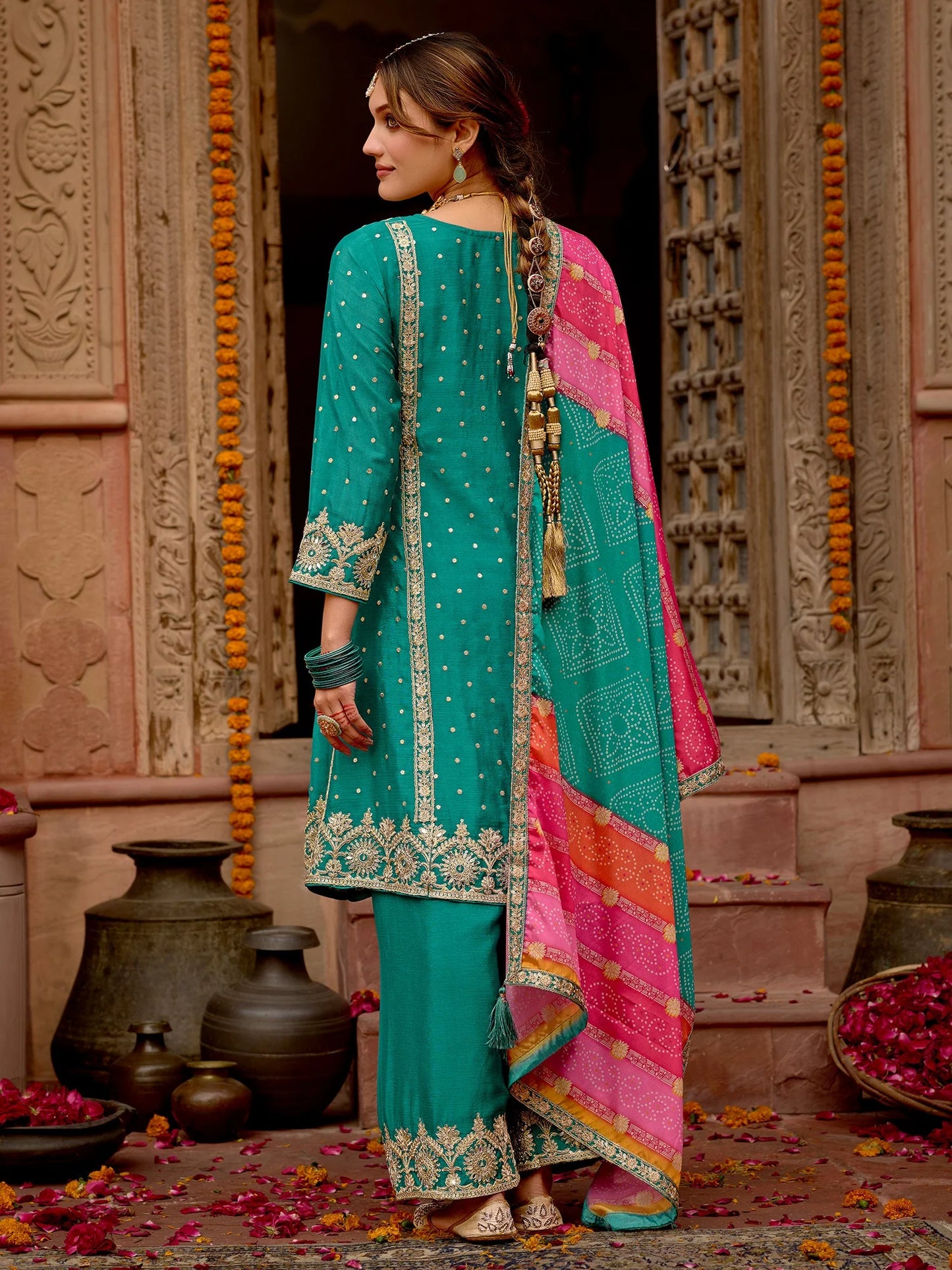 A-Line Kurta Palazzos With Dupatta Set