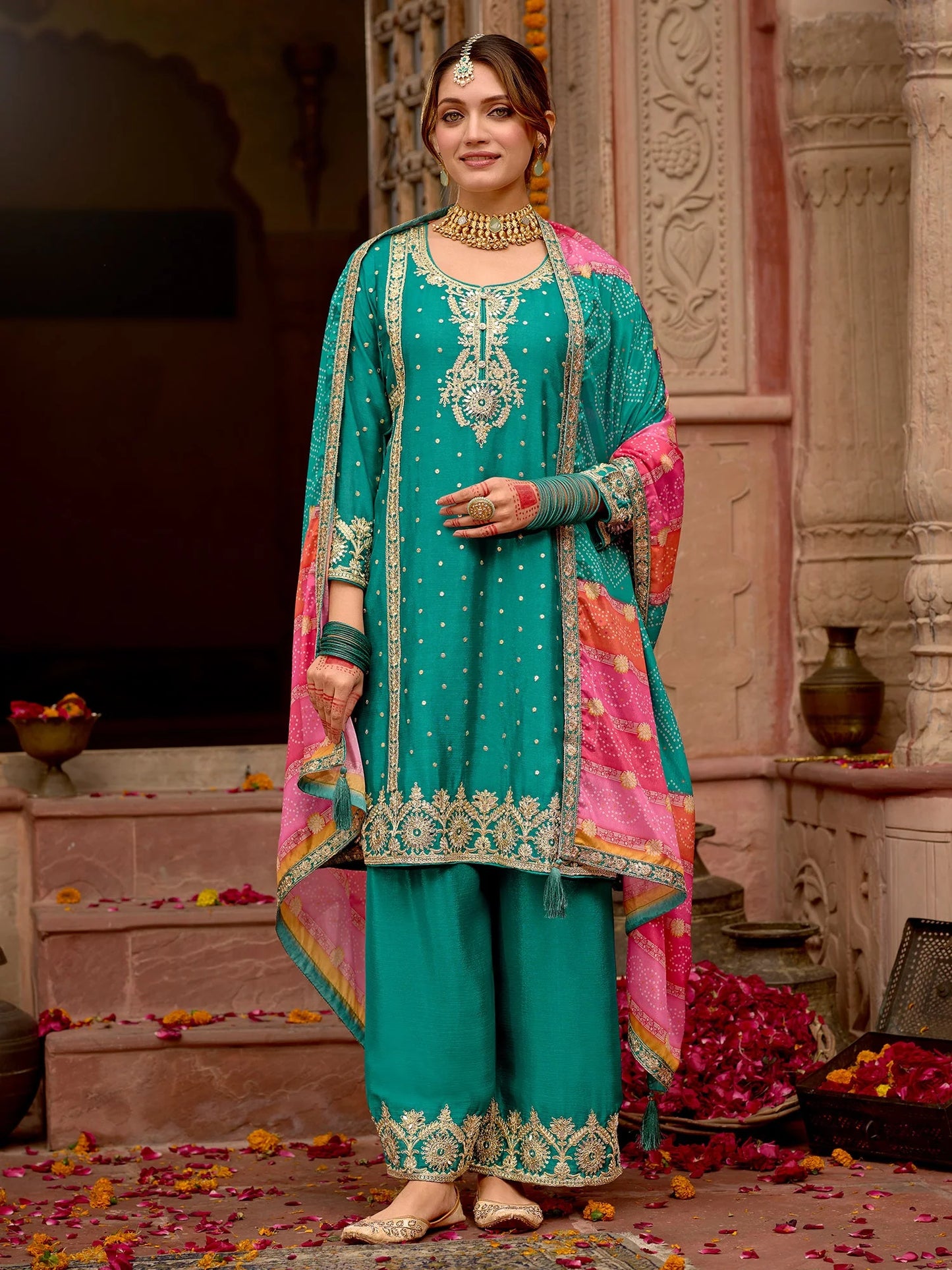 A-Line Kurta Palazzos With Dupatta Set