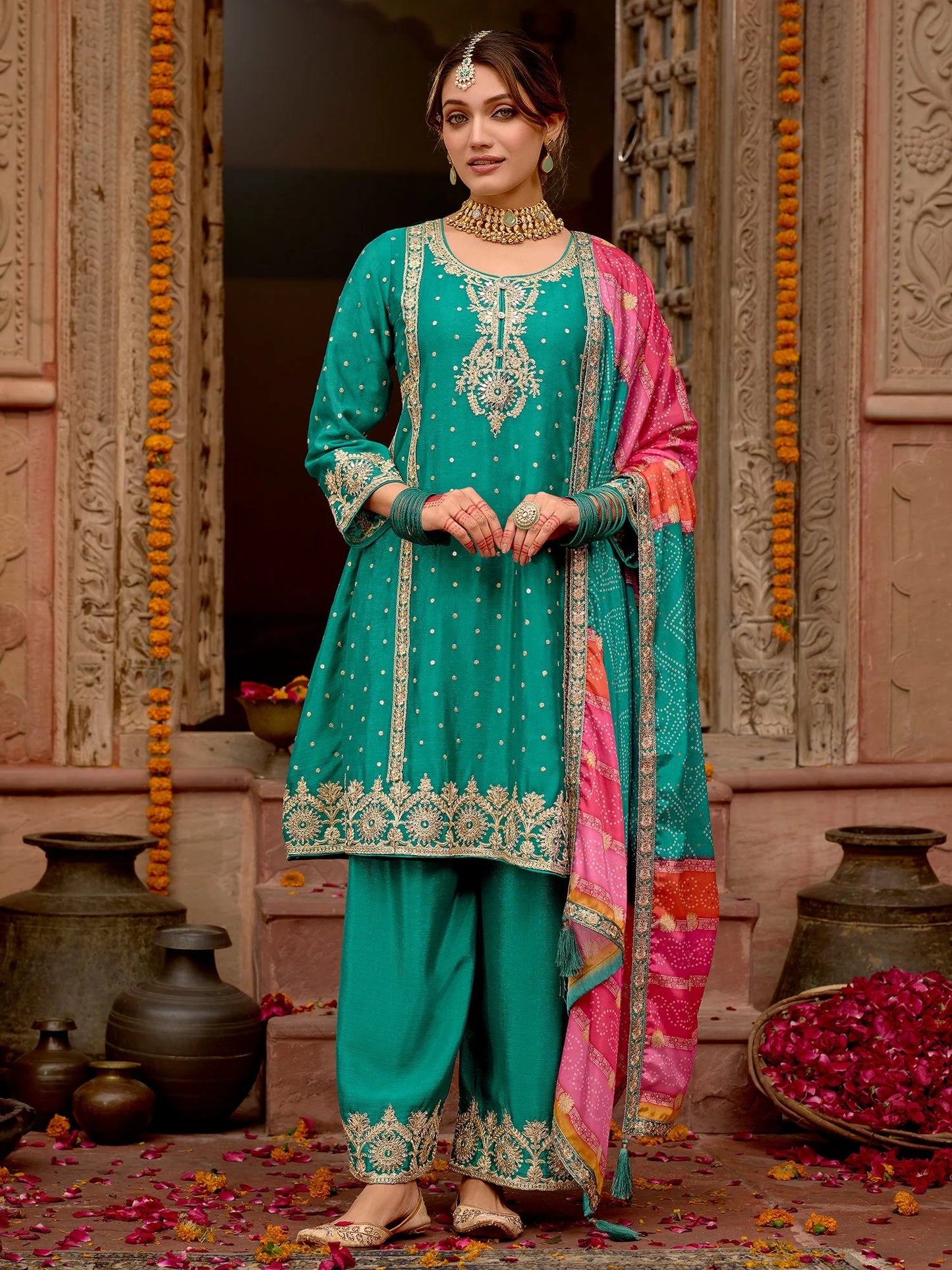 A-Line Kurta Palazzos With Dupatta Set