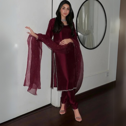 Maroon Aurora Silk Embroidered Ensemble