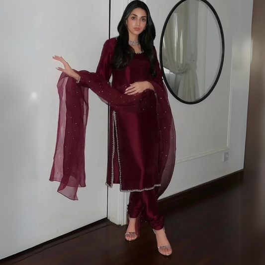 Maroon Aurora Silk Embroidered Ensemble
