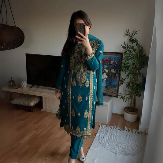 Teal Dream Meets Royal Gold Embroidery Suit Set