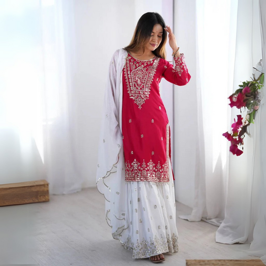 Flattering Embroidery Work Pink Color Sharara Suit