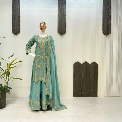 Sophisticated Silk Satin Kurta Plazzo Dupatta Set