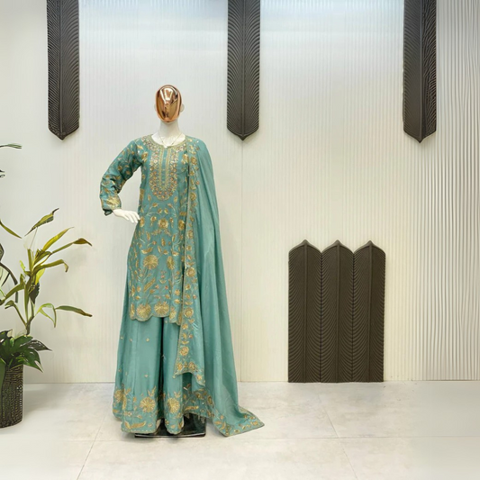 Sophisticated Silk Satin Kurta Plazzo Dupatta Set