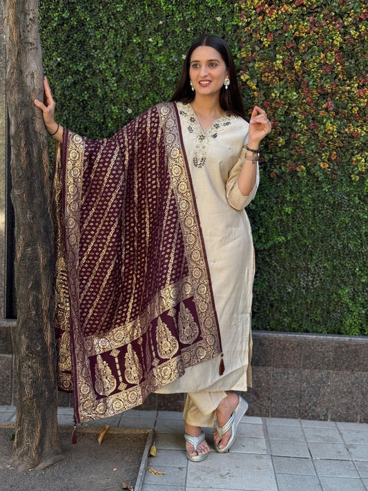 Elegant Cream Roman Silk Suit with Handwork & Jacquard Dupatta