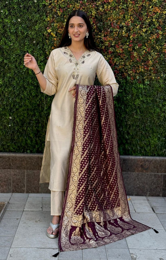 Elegant Cream Roman Silk Suit with Handwork & Jacquard Dupatta