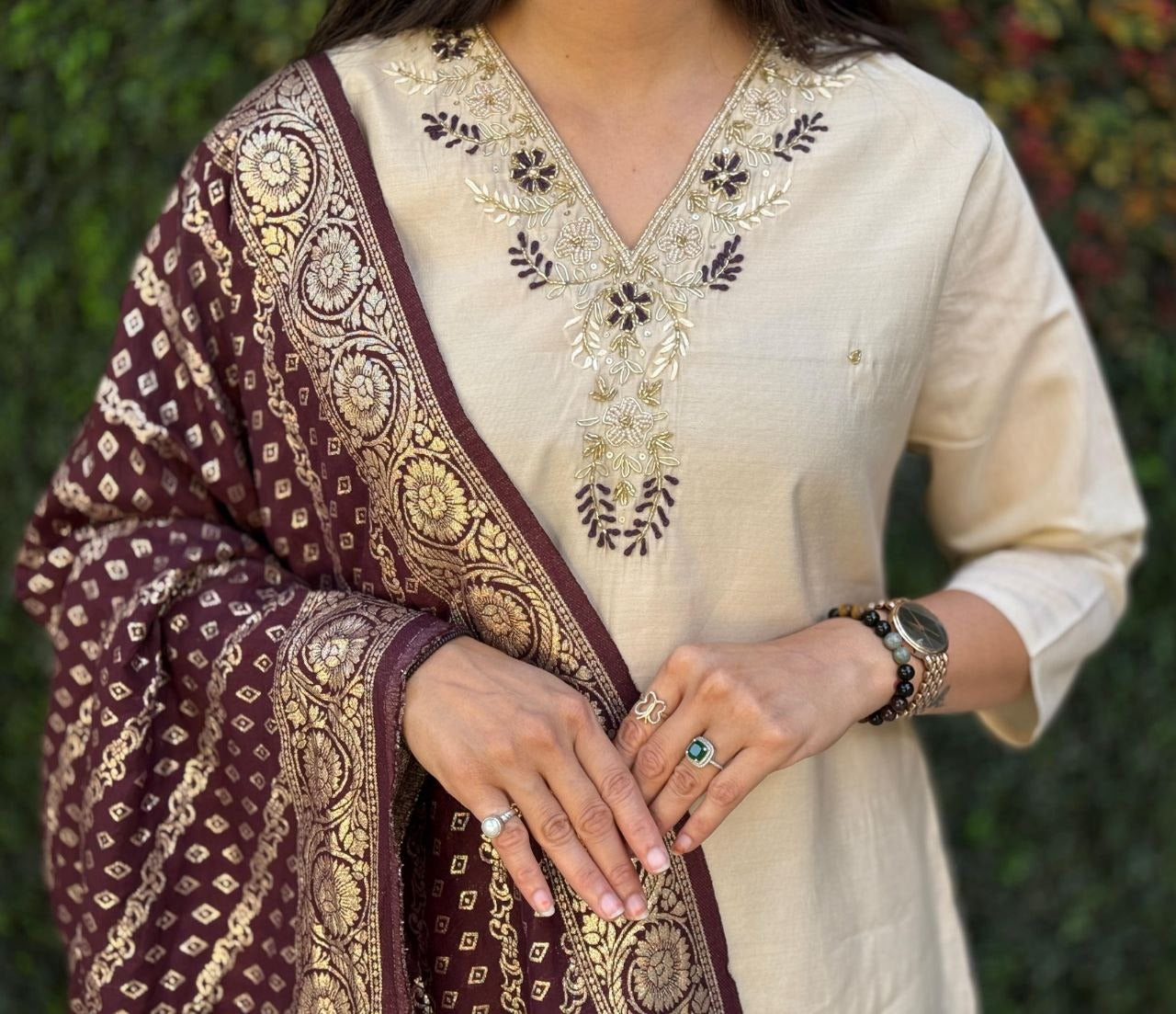 Elegant Cream Roman Silk Suit with Handwork & Jacquard Dupatta