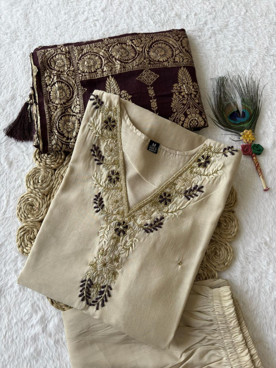 Elegant Cream Roman Silk Suit with Handwork & Jacquard Dupatta