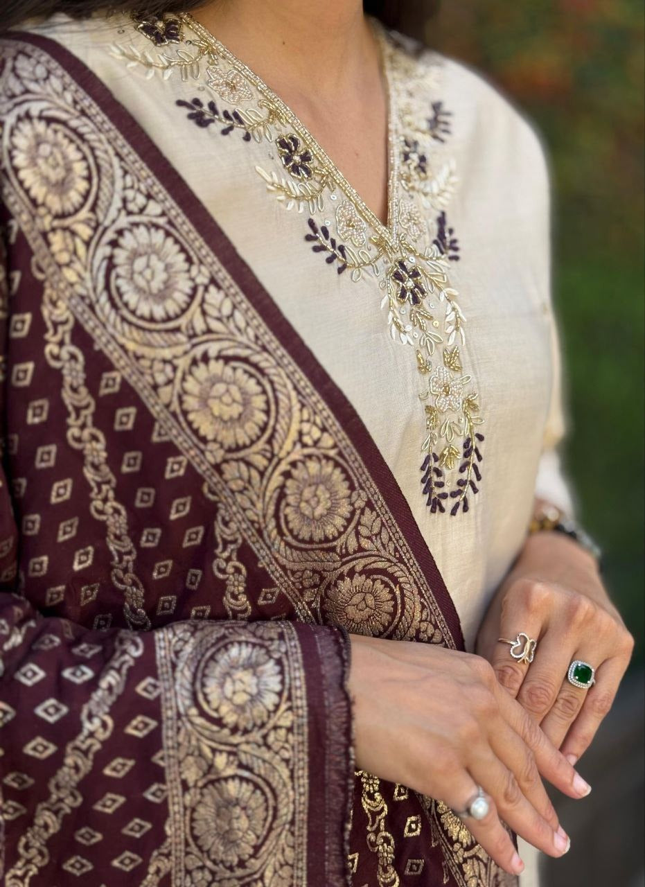 Elegant Cream Roman Silk Suit with Handwork & Jacquard Dupatta