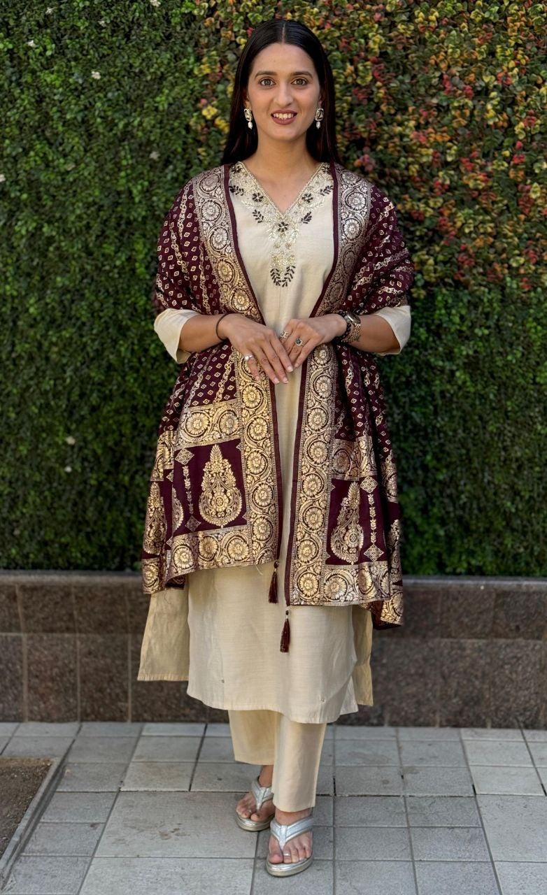 Elegant Cream Roman Silk Suit with Handwork & Jacquard Dupatta