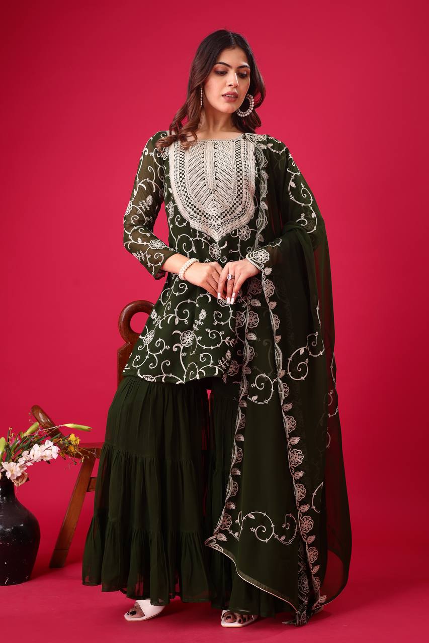 Elegant Heavy Georgette Embroidered Sharara Set