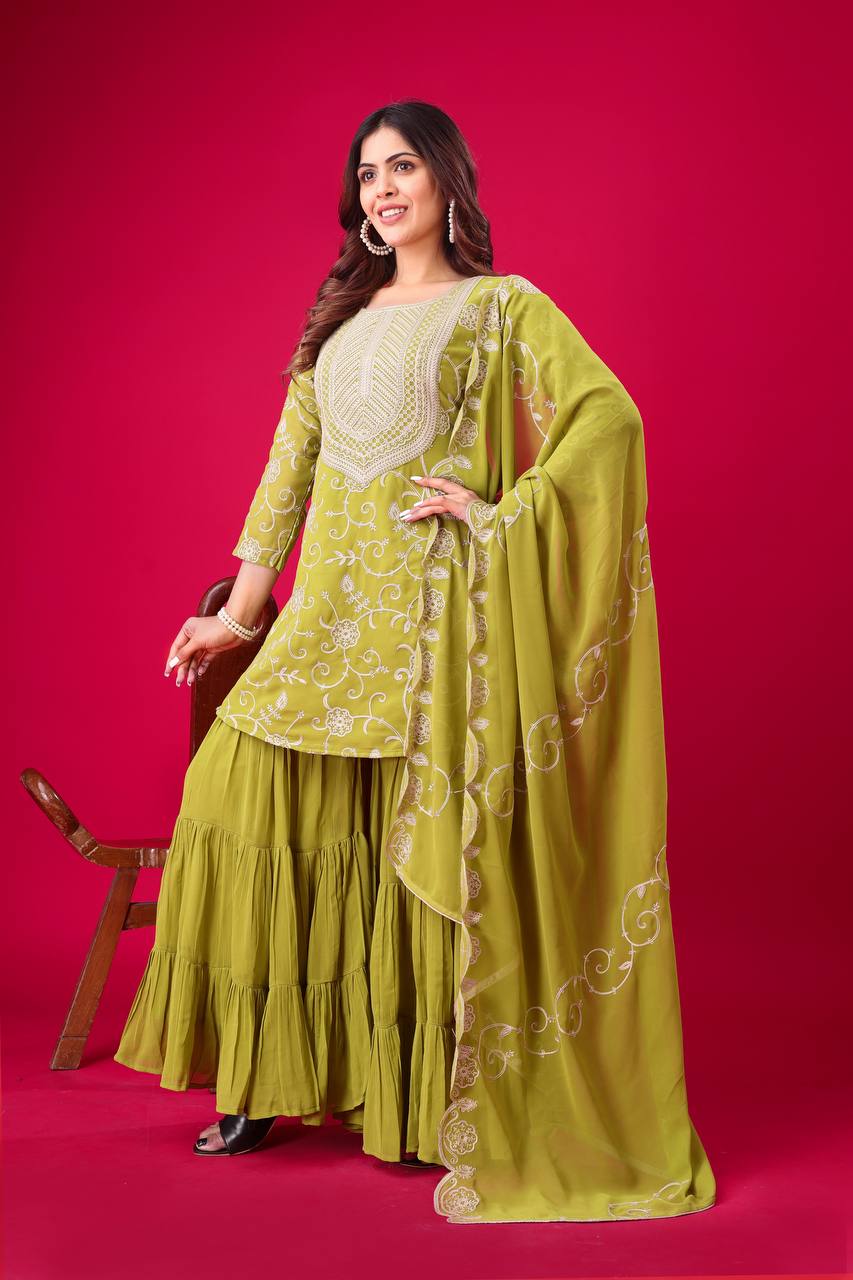 Elegant Heavy Georgette Embroidered Sharara Set