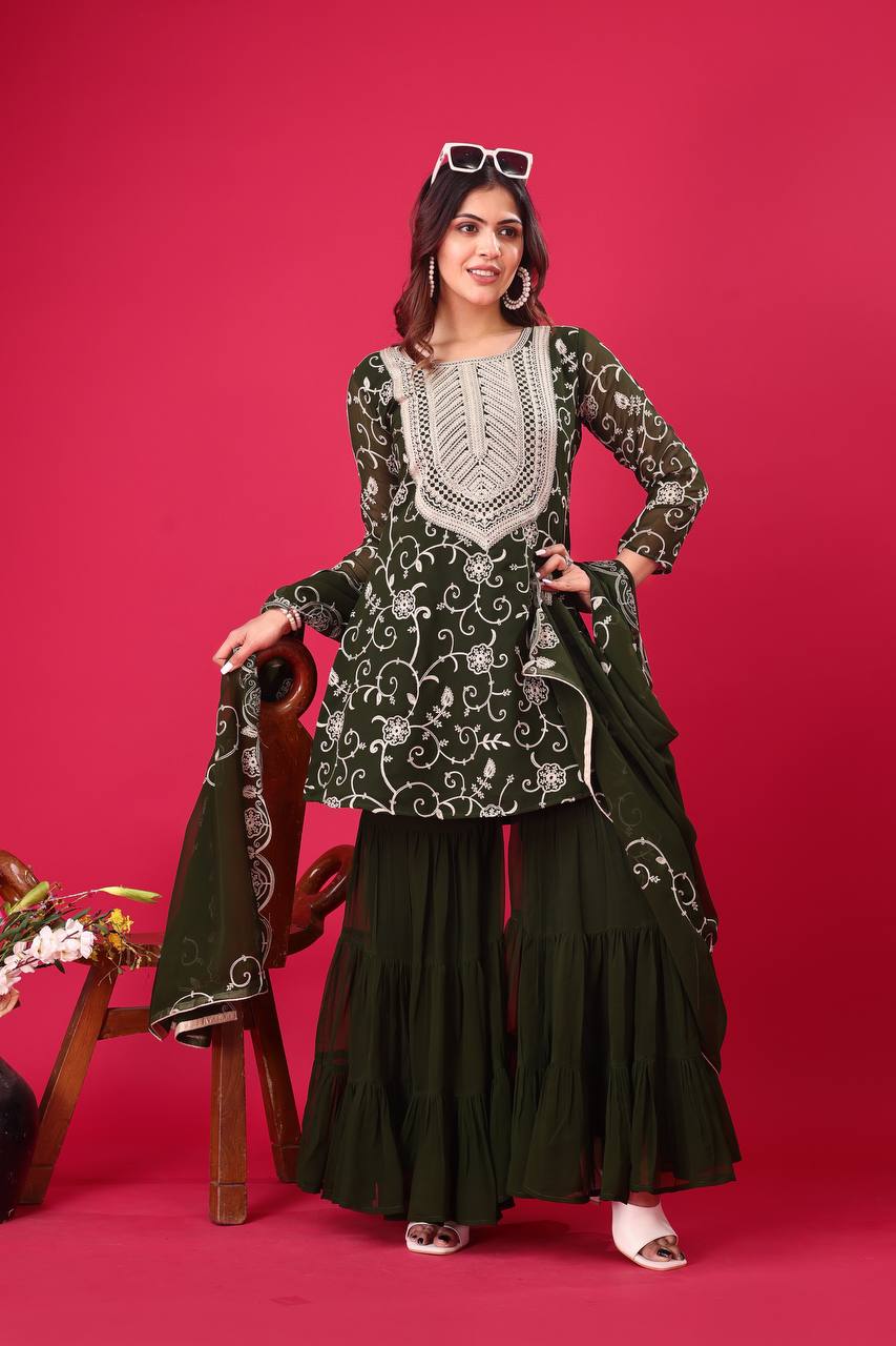 Elegant Heavy Georgette Embroidered Sharara Set