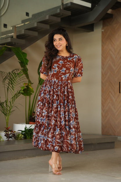 Brown Elegant Printed Faux Georgette Gown
