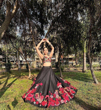 EEIRE BLACK LEHENGA WITH FLOWER EMBROIDERY