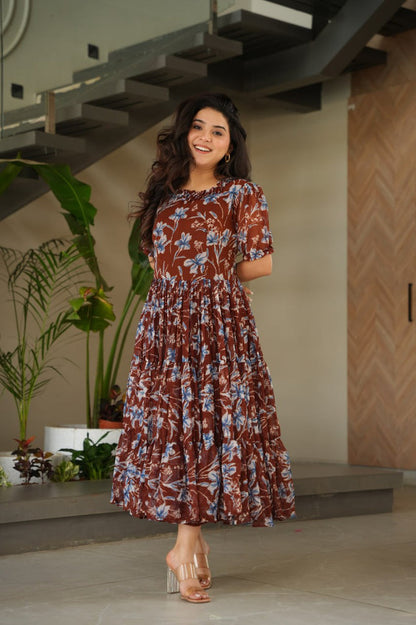 Brown Elegant Printed Faux Georgette Gown