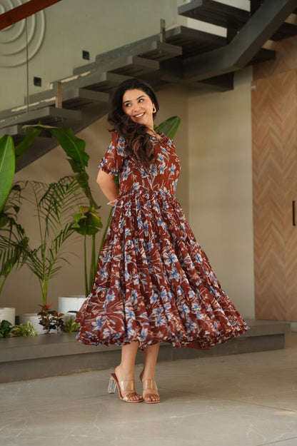 Brown Elegant Printed Faux Georgette Gown