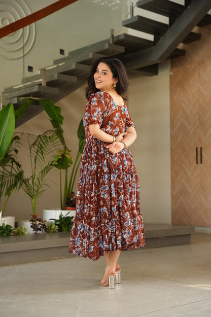 Brown Elegant Printed Faux Georgette Gown