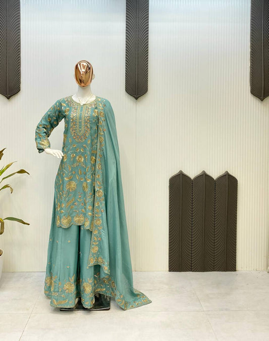 Sophisticated Silk Satin Kurta Plazzo Dupatta Set