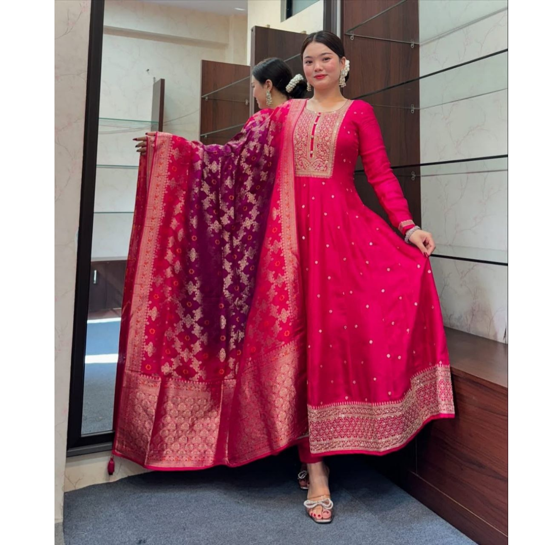 Anarkali Flared Kurti Pant Dupatta Set