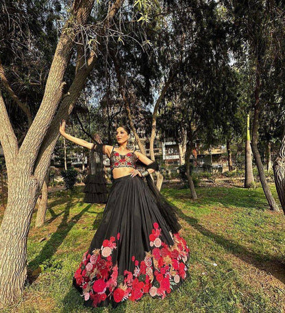 EEIRE BLACK LEHENGA WITH FLOWER EMBROIDERY