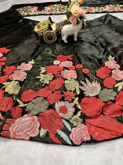EEIRE BLACK LEHENGA WITH FLOWER EMBROIDERY