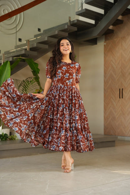 Brown Elegant Printed Faux Georgette Gown